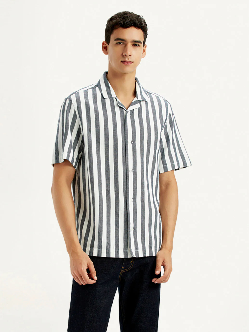 Relaxed Fit Men’s White Striped Cotton Camp Shirt Casual Wear