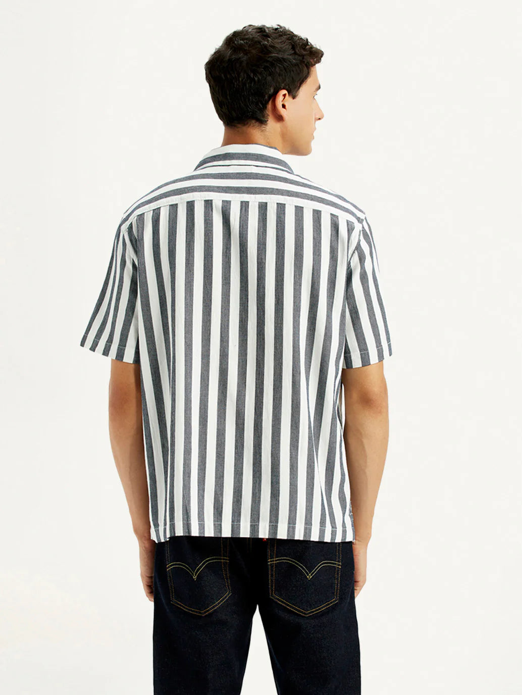 Relaxed Fit Men’s White Striped Cotton Camp Shirt Casual Wear