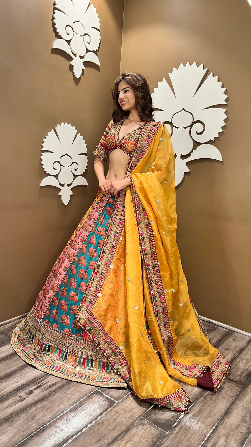 Stylish Designer Lehenga Set with Handcrafted Multi Color Floral Motif Work