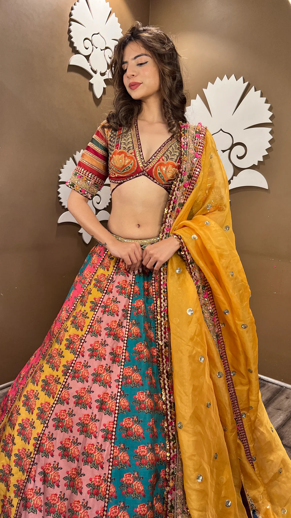 Stylish Designer Lehenga Set with Handcrafted Multi Color Floral Motif Work