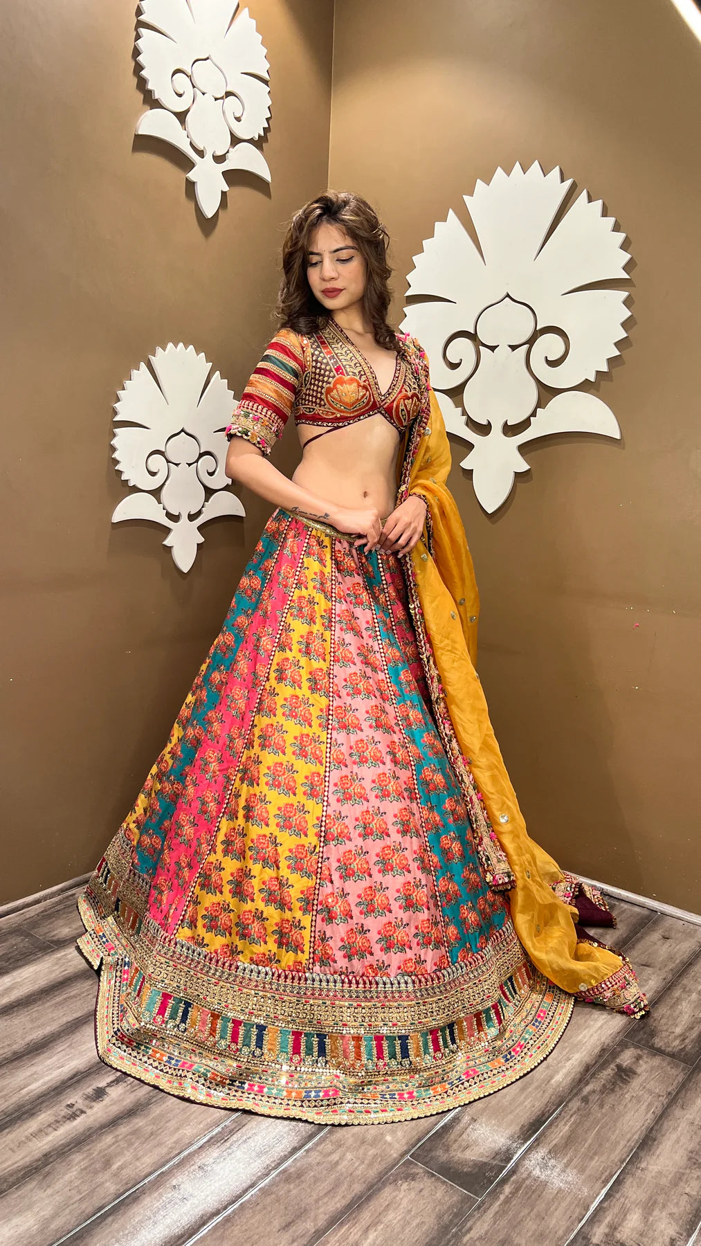 Stylish Designer Lehenga Set with Handcrafted Multi Color Floral Motif Work