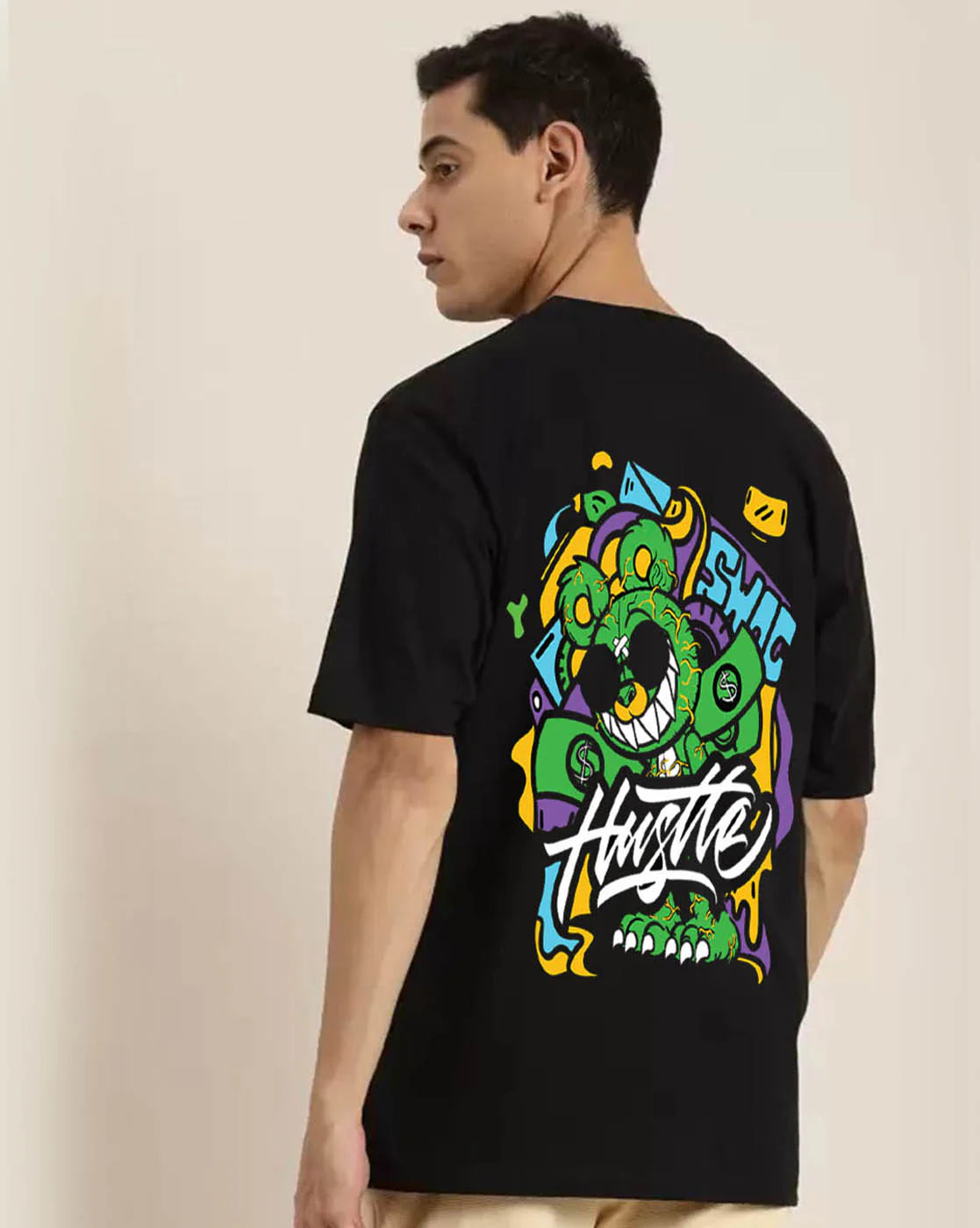 Fashionable Men’s Black Oversized Back Graphic Printed T-Shirt Soft Cotton Fabric