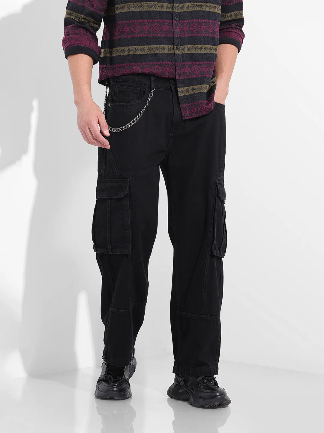 Designer Black Relaxed Fit Solid Utility Jeans for Men with Functional Pocket Detailing