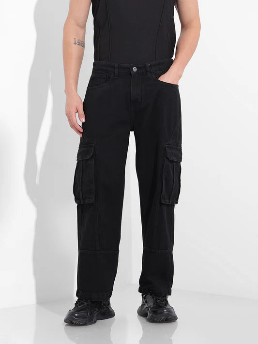 Designer Black Relaxed Fit Solid Utility Jeans for Men with Functional Pocket Detailing