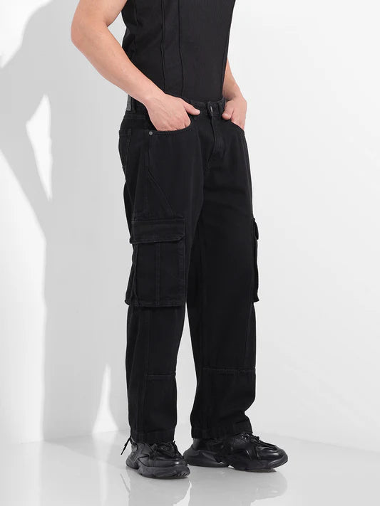 Designer Black Relaxed Fit Solid Utility Jeans for Men with Functional Pocket Detailing