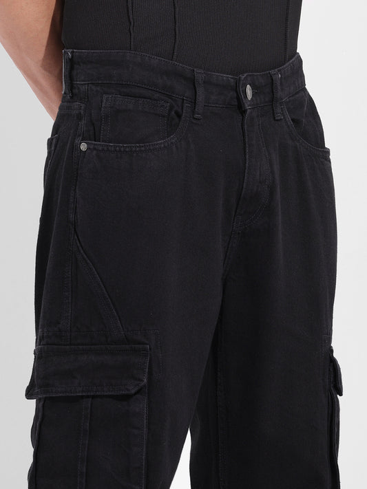 Designer Black Relaxed Fit Solid Utility Jeans for Men with Functional Pocket Detailing