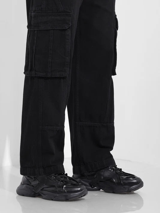 Designer Black Relaxed Fit Solid Utility Jeans for Men with Functional Pocket Detailing