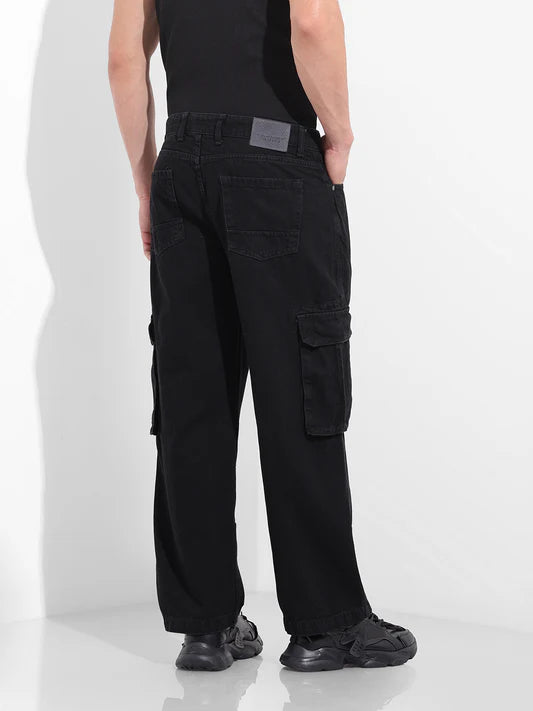 Designer Black Relaxed Fit Solid Utility Jeans for Men with Functional Pocket Detailing