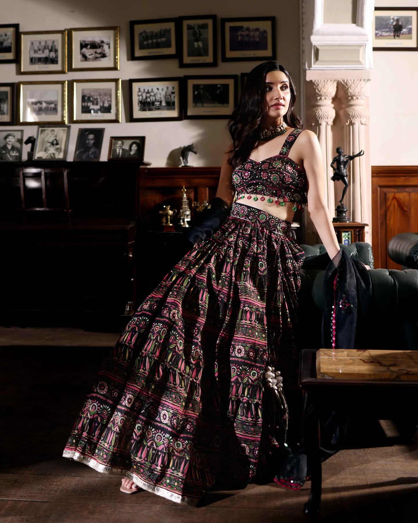 Mighty Black Chanderi Lehenga Set with Mirror Work & Printed Dupatta