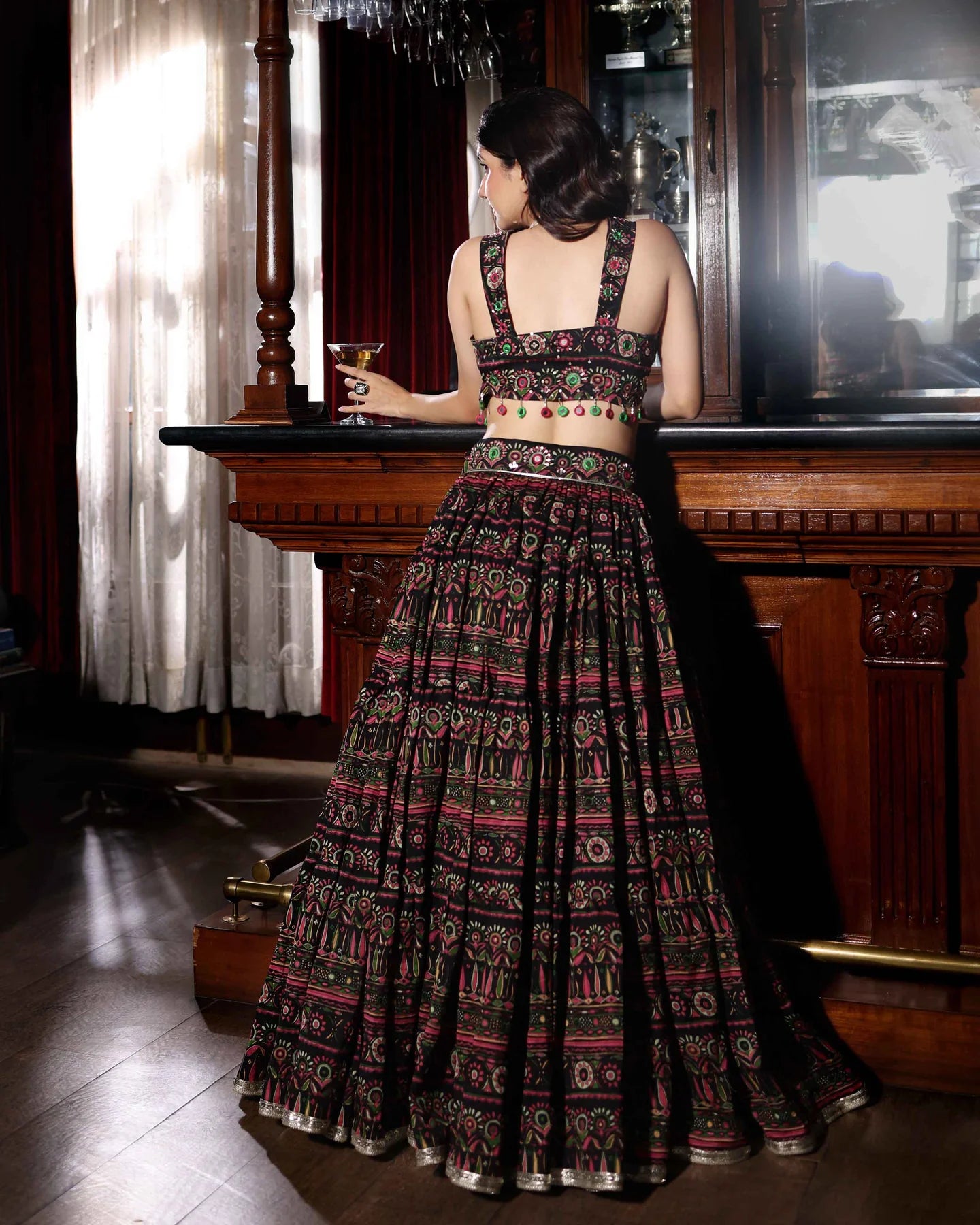 Mighty Black Chanderi Lehenga Set with Mirror Work & Printed Dupatta