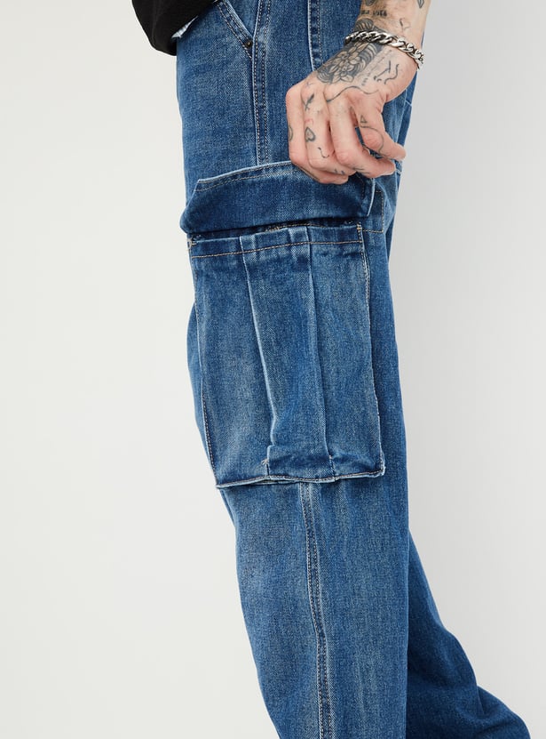 Classic Men’s Washed Loose Fit Cargo Denim Jeans with Minimal Stitching Detailing