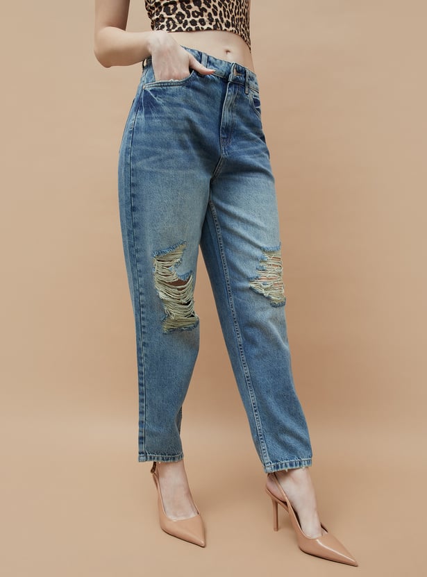Soft Denim Distressed Regular Fit Jeans with Stretchable Comfort