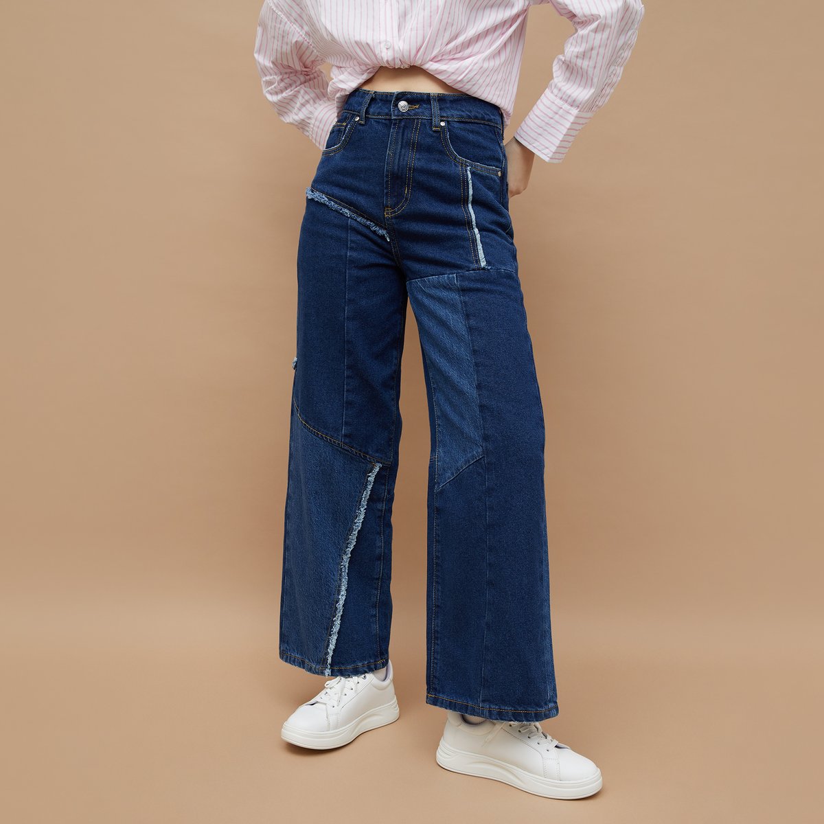 Classic Women Patch Paneled Flared Denim Jeans Designed for Versatile Chic Outfits