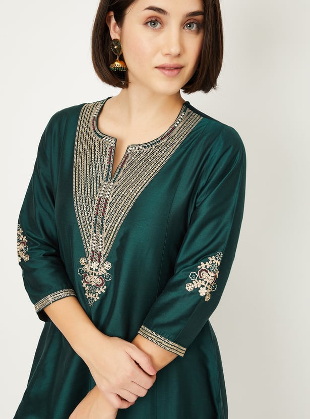 Trendy Ethnic Women’s Line Kurta Set with Beautiful Embroidery, Stylish Silhouette, and Coordinated Pants