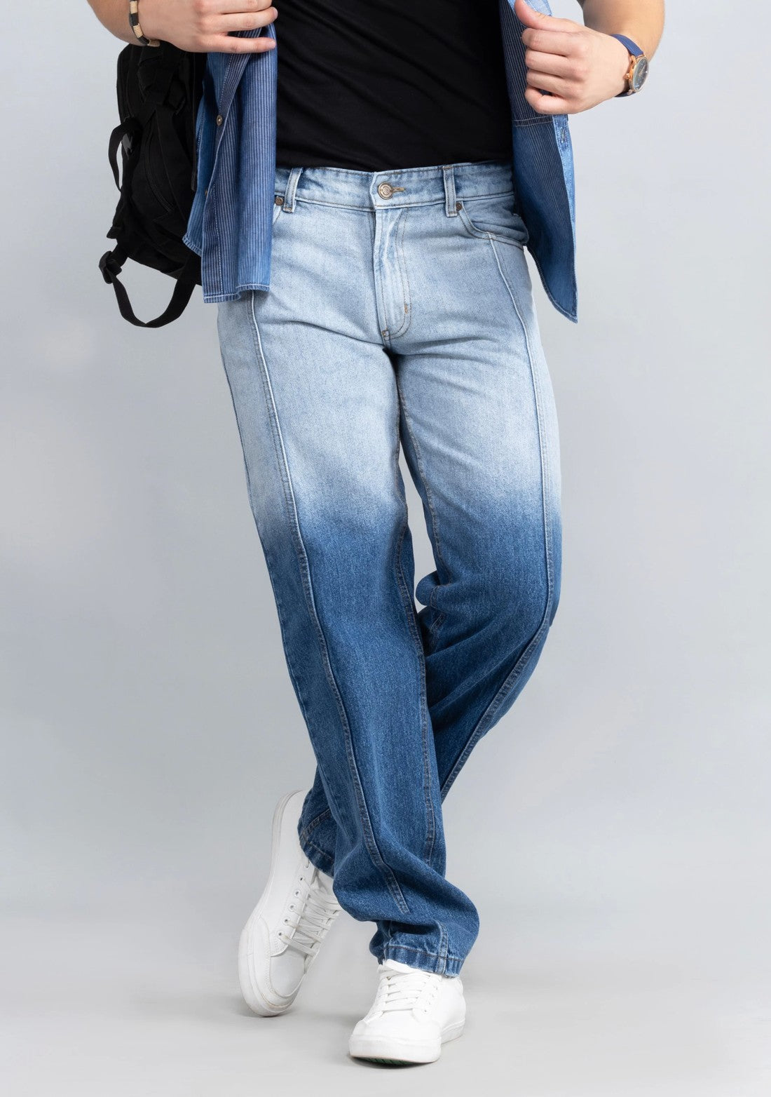 Durable Men’s Blue Straight Fit Jeans with Dual Shade Wash Design