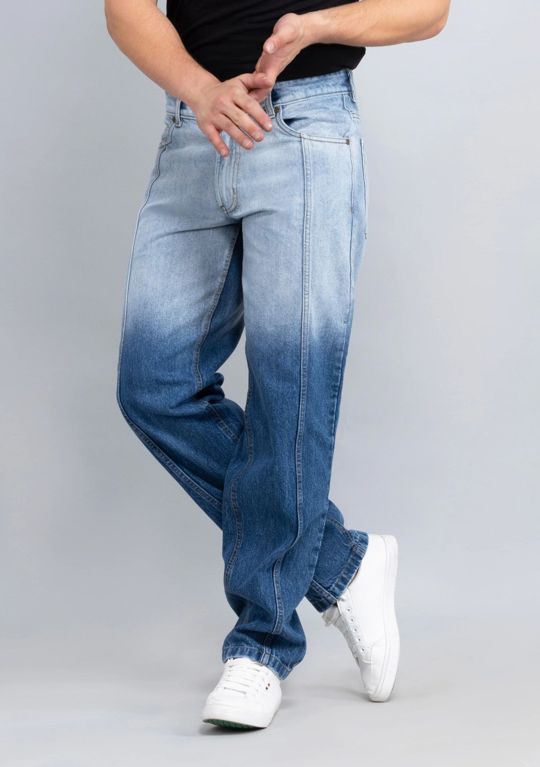Durable Men’s Blue Straight Fit Jeans with Dual Shade Wash Design