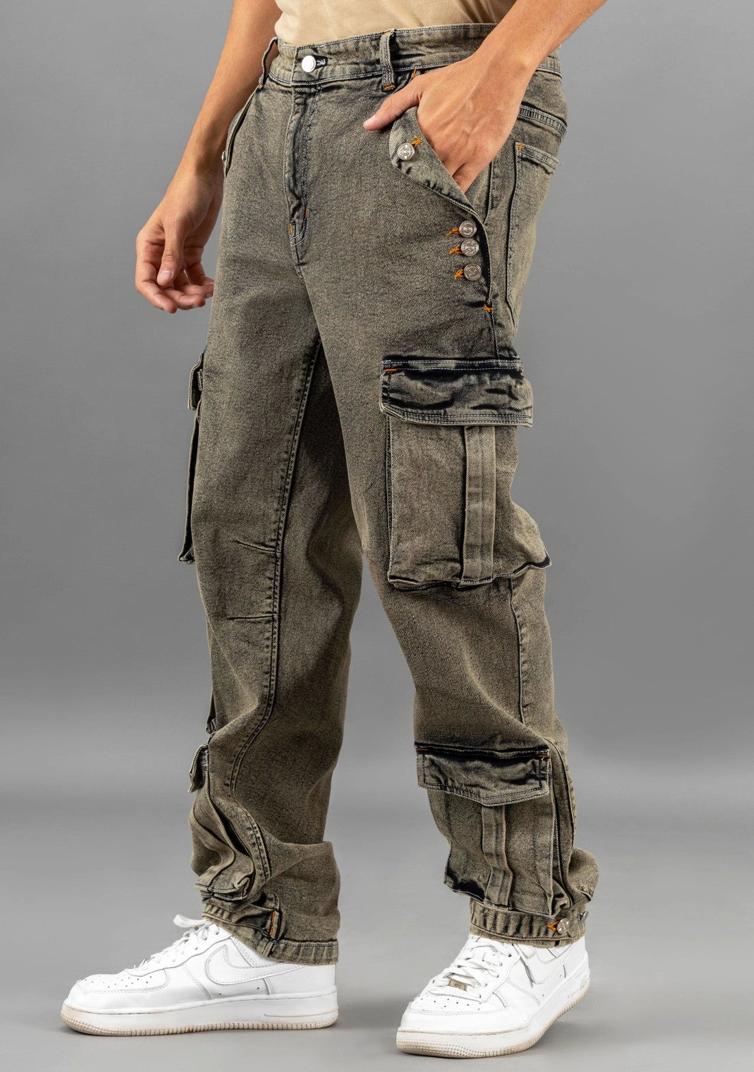 Everyday Wear Men’s Greenish Grey Straight Fit Jeans with Cargo Inspired Design