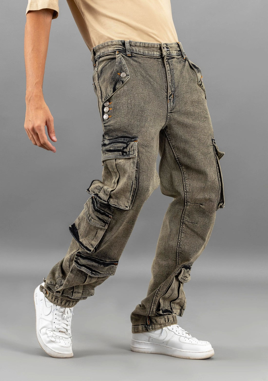 Everyday Wear Men’s Greenish Grey Straight Fit Jeans with Cargo Inspired Design