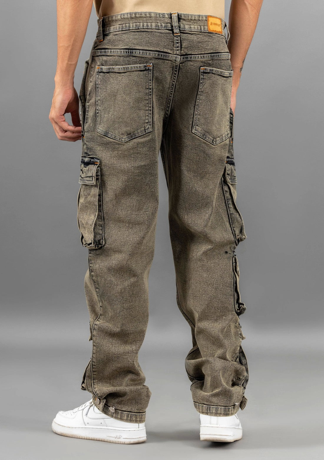 Everyday Wear Men’s Greenish Grey Straight Fit Jeans with Cargo Inspired Design