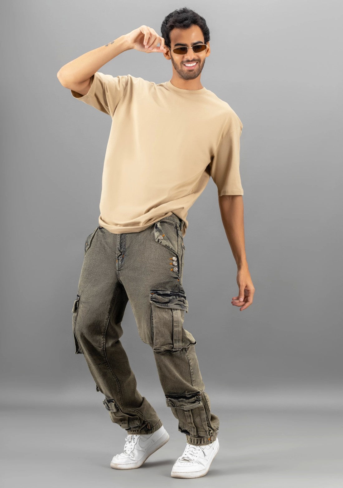Everyday Wear Men’s Greenish Grey Straight Fit Jeans with Cargo Inspired Design