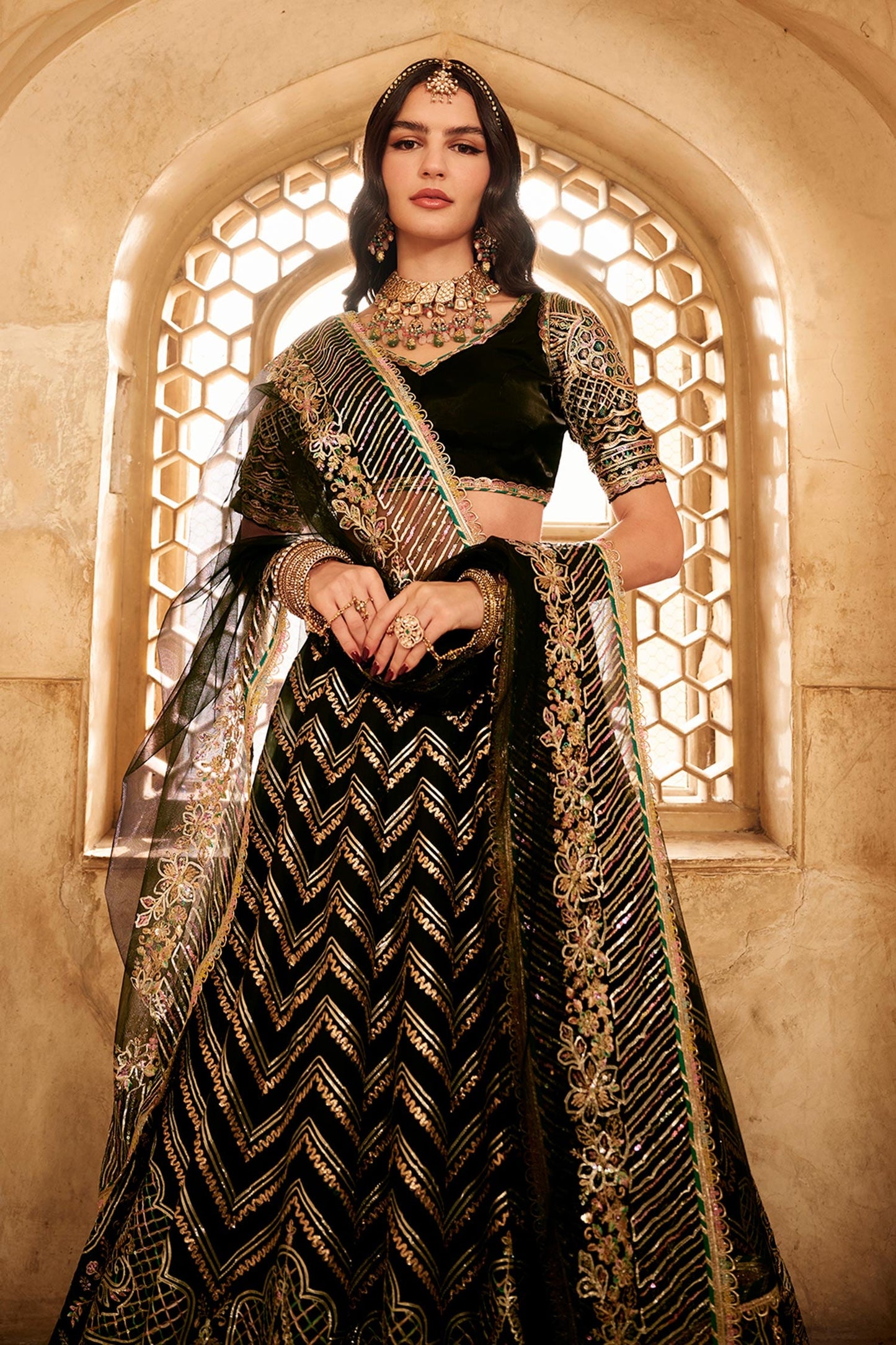 Black Organza Net Lehenga Set with Zari and Sequins Chevron Embroidery – V-Neck Blouse & Dupatta