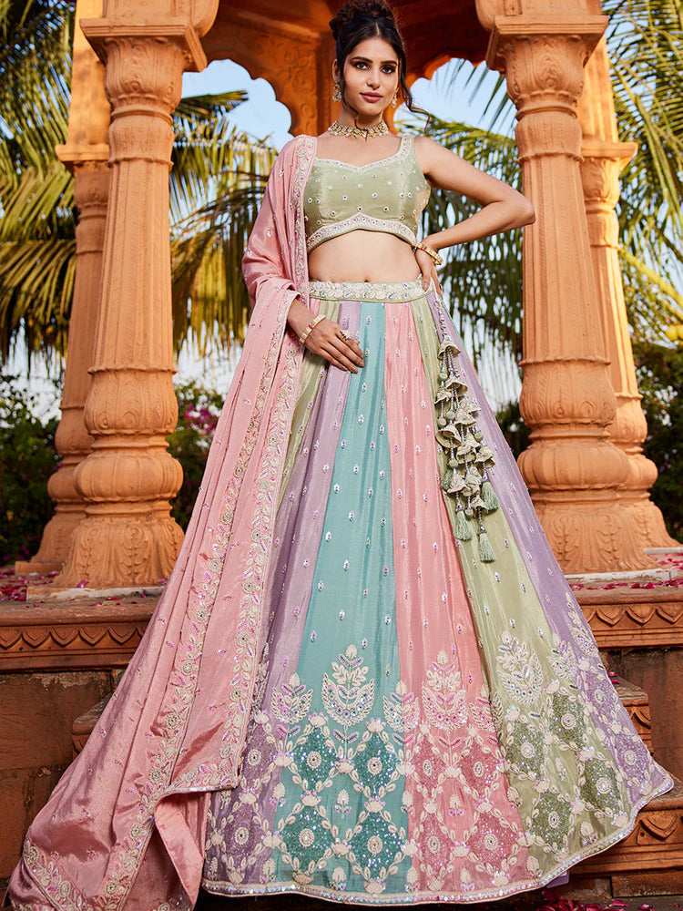 Contemporary Chinnon Fabric Lehenga Choli & Dupatta Semi-Stitched Set with Sequins Detailing for Elegant Party and Bridal Outfits
