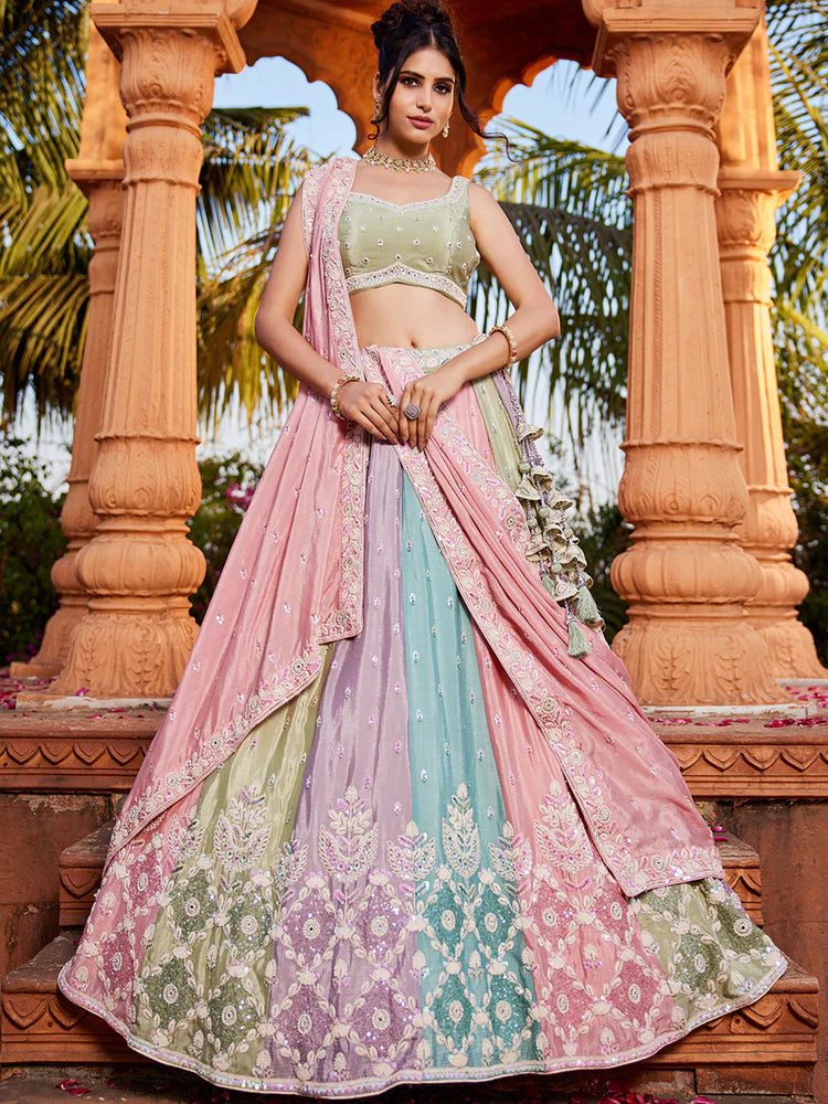 Contemporary Chinnon Fabric Lehenga Choli & Dupatta Semi-Stitched Set with Sequins Detailing for Elegant Party and Bridal Outfits