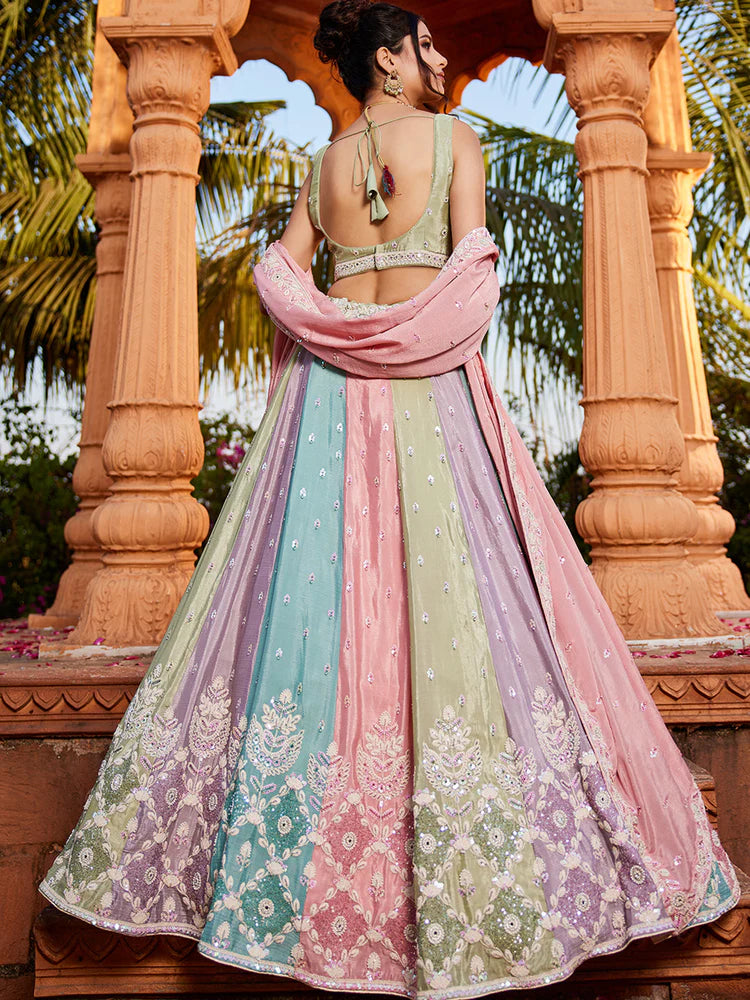 Contemporary Chinnon Fabric Lehenga Choli & Dupatta Semi-Stitched Set with Sequins Detailing for Elegant Party and Bridal Outfits