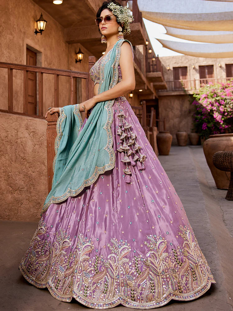 Trendy Satin Silk Lehenga Choli & Dupatta with Intricate Sequins Embroidery for Weddings