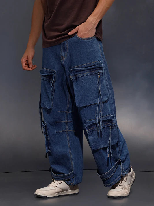 Streetwear Style Men’s Navy Ultra Utility Baggy Fit Cargo Denim Jeans