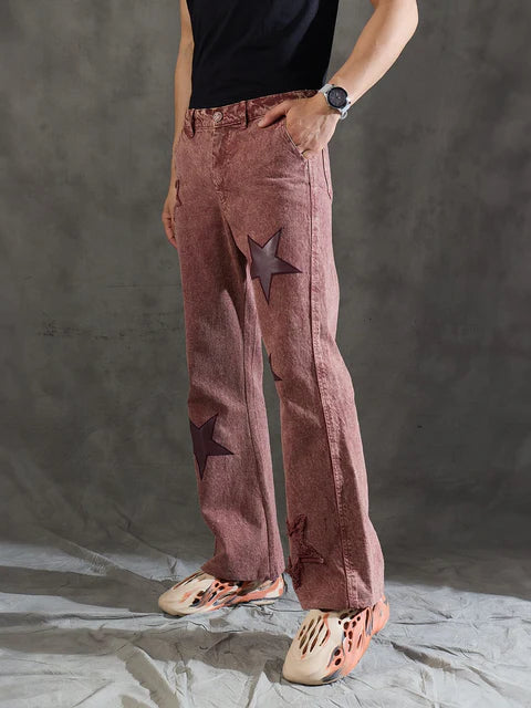 Copper Brown Flared Denim Jeans for Women with Decorative Star Embroidery