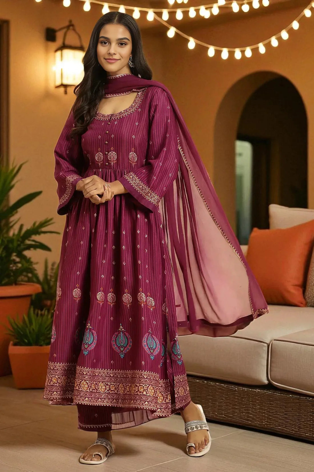 Casual and Party Wear Women’s Purple Embellished Kurta Set with Pants and Matching Dupatta for Daily Wear