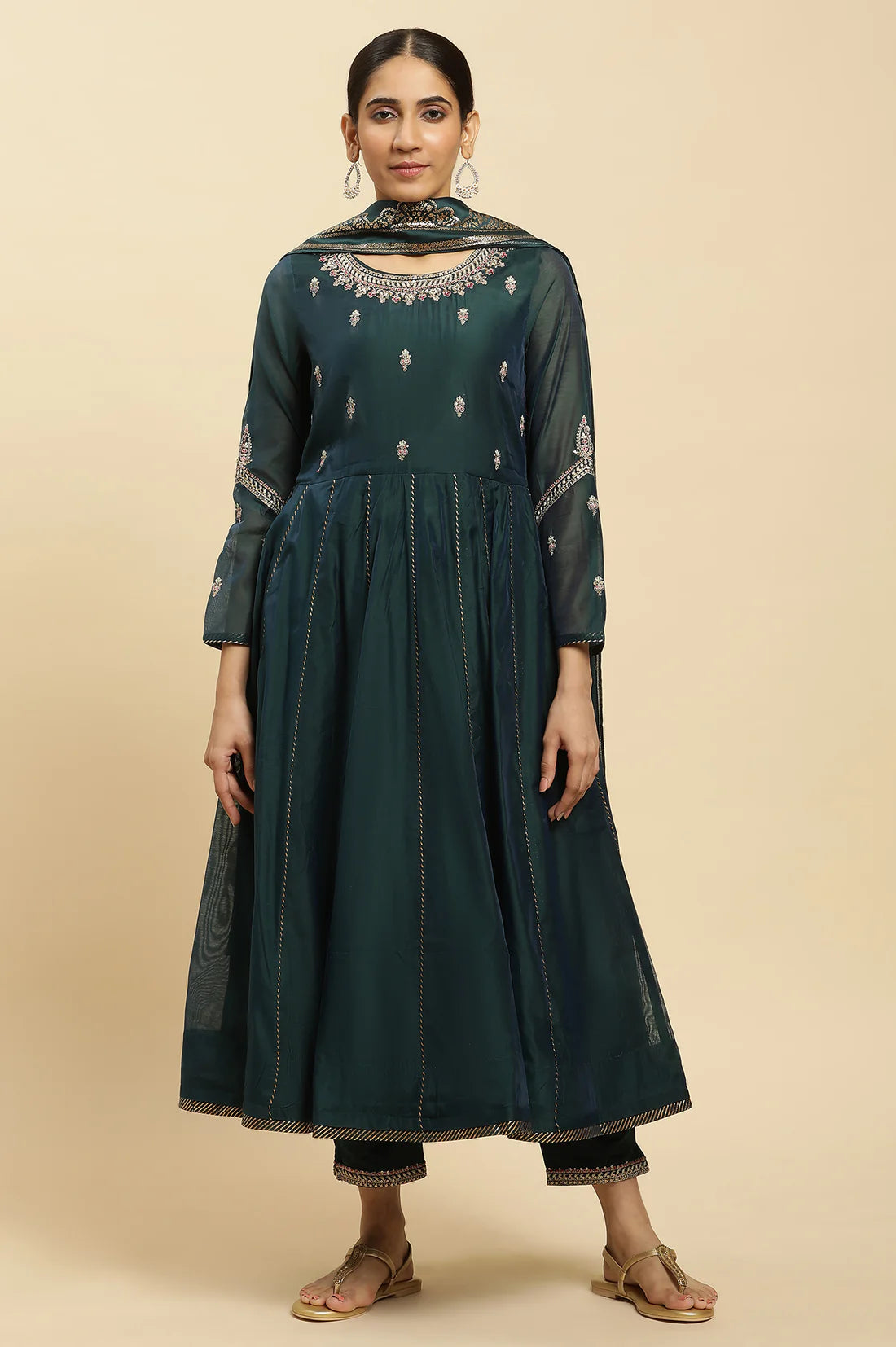 Casual and Party Ready Green Flared Kurta with Embroidery, Comfortable Pants, and Matching Dupatta for Women