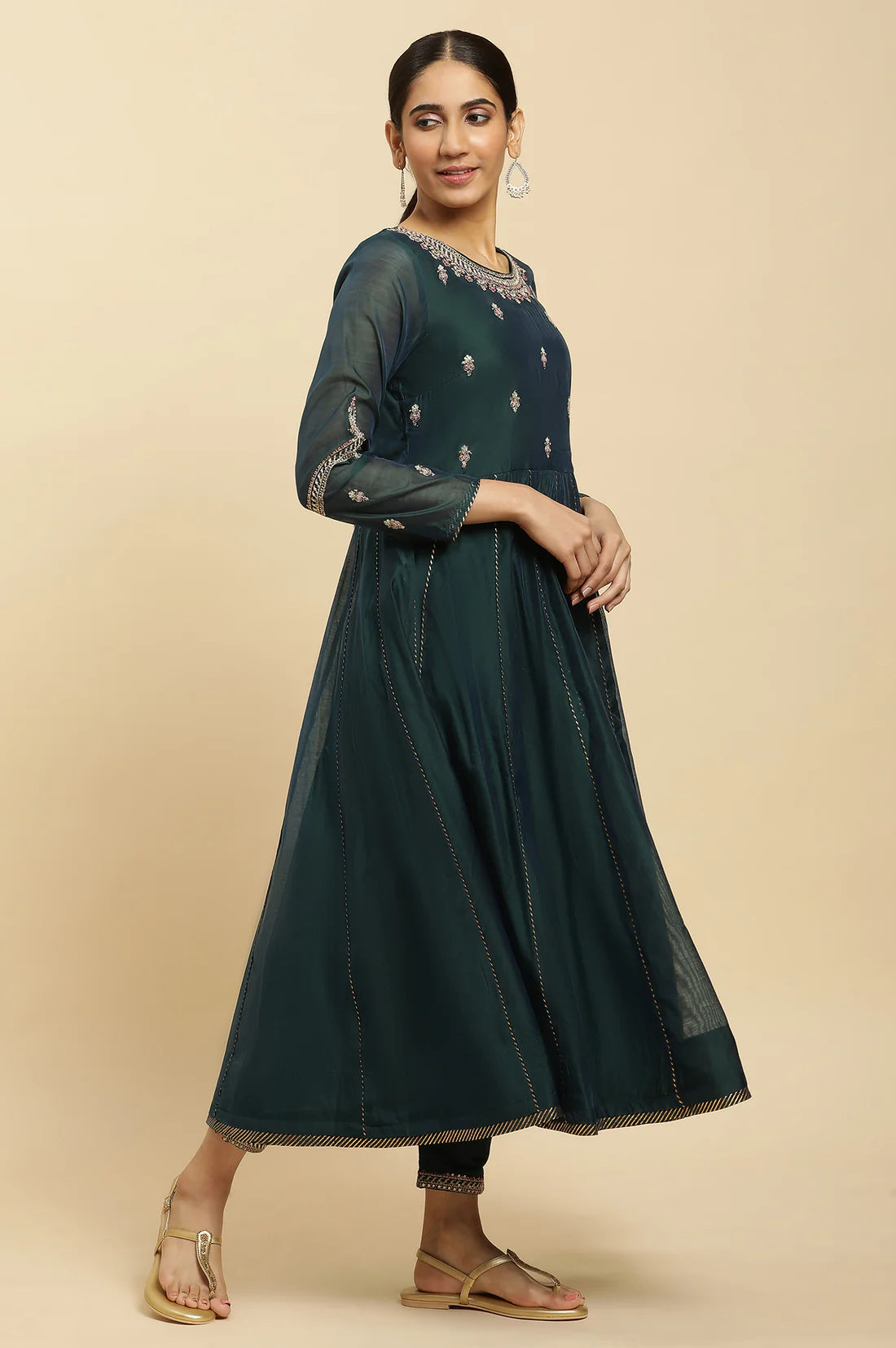 Casual and Party Ready Green Flared Kurta with Embroidery, Comfortable Pants, and Matching Dupatta for Women