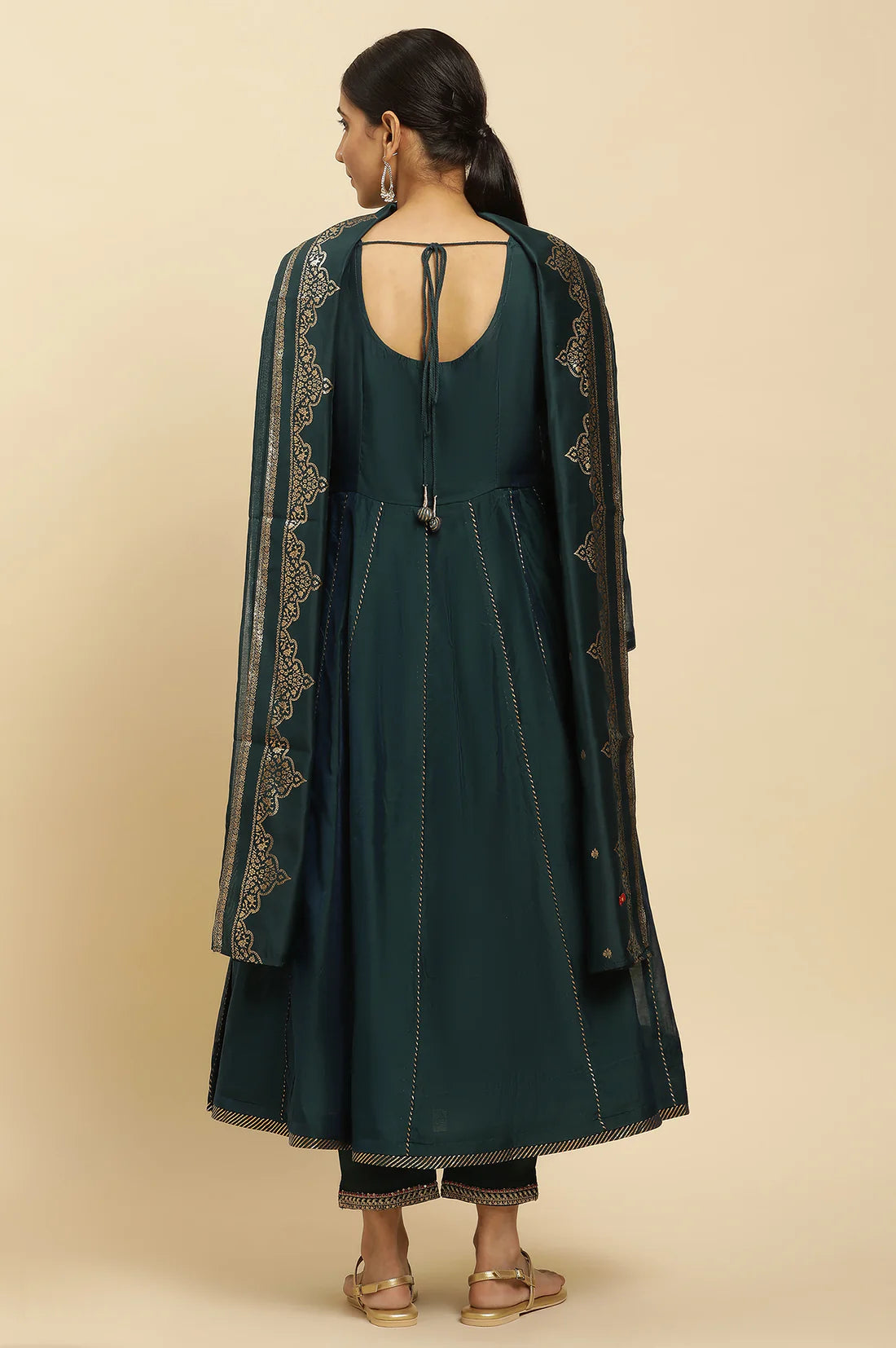 Casual and Party Ready Green Flared Kurta with Embroidery, Comfortable Pants, and Matching Dupatta for Women