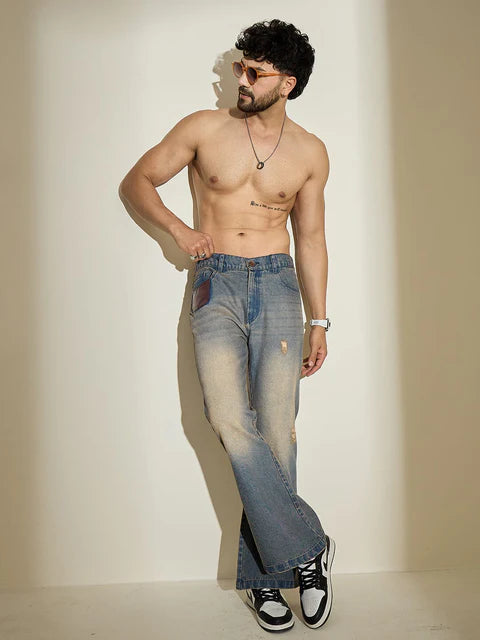 Men’s Vintage Look Indigo Dusty Cowboy Denim with Wide Flared Legs