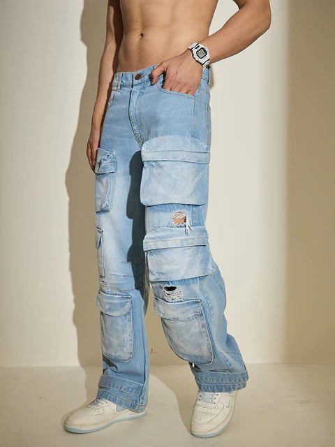 Everyday Wear Men’s Ice Wash Distressed Super Baggy Denim Jeans