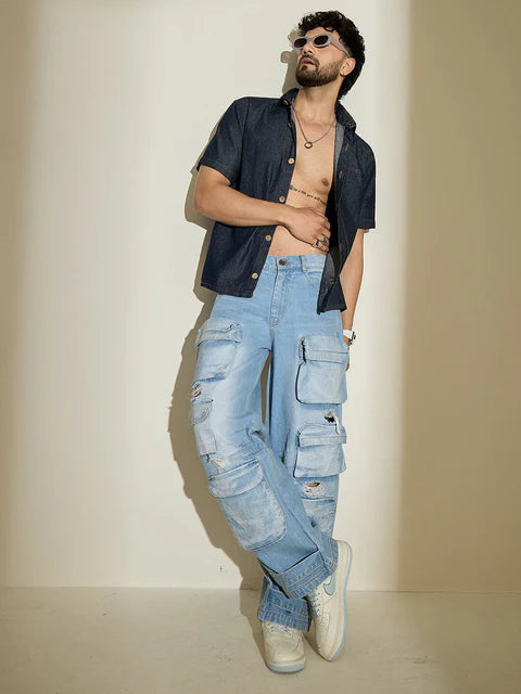 Everyday Wear Men’s Ice Wash Distressed Super Baggy Denim Jeans
