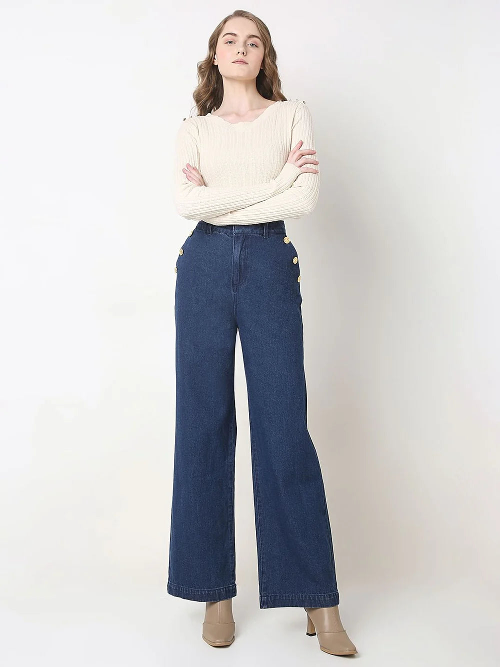 Relaxed Women Dark Blue High Rise Wide Leg Denim Jeans Ideal for All Day Comfort