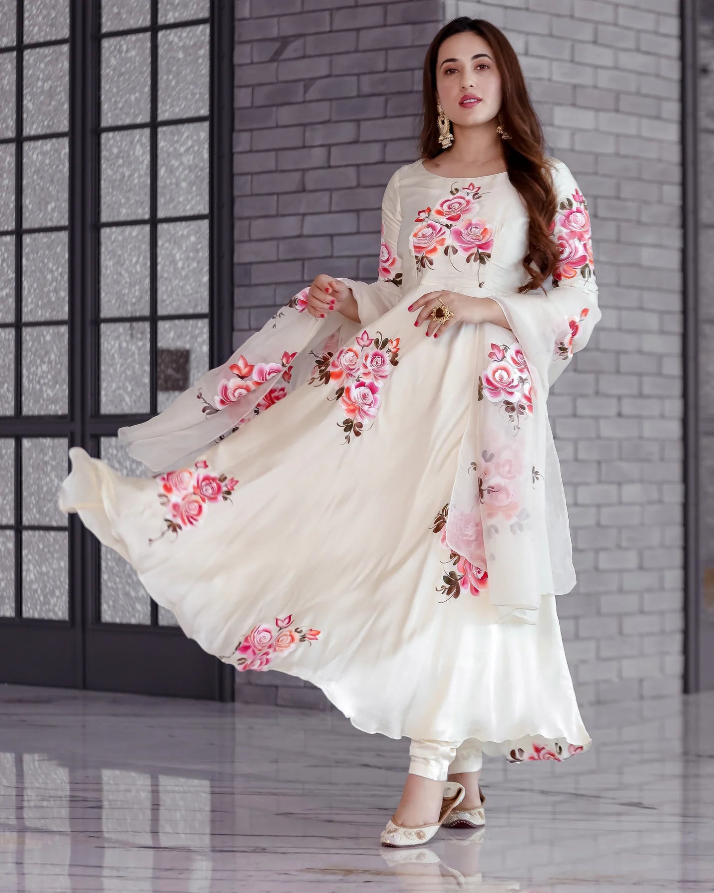 Festive Women’s Cream Valeria Suit Set Featuring Unique Handpainted Detailing and Coordinated Dupatta