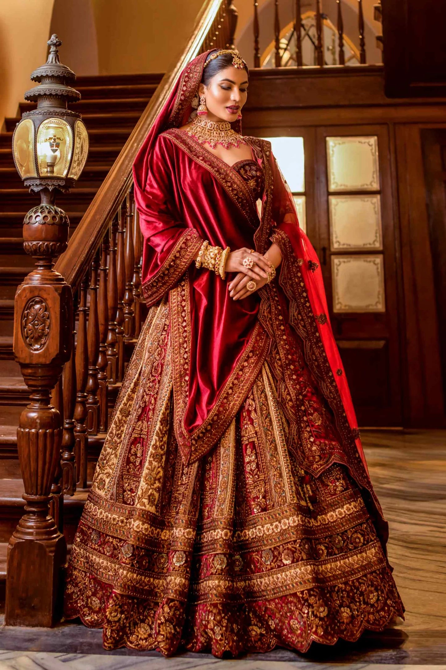 Chic Red Velvet Bridal Lehenga with Sequins Work Designed for Glamorous and Elegant Bridal Dressing