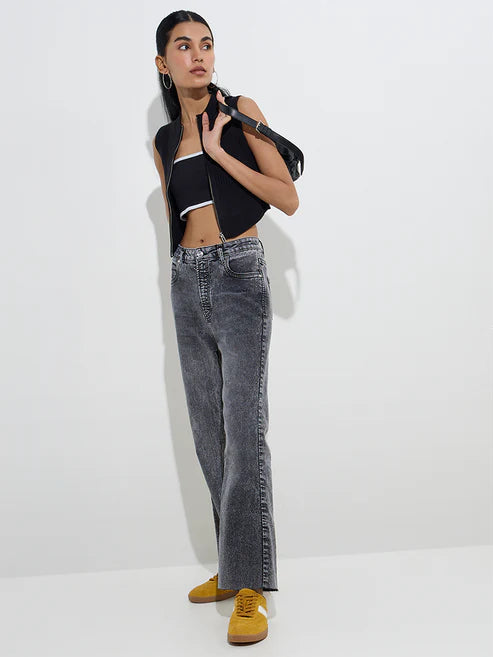 Elegant Grey Washed Straight Fit High Rise Jeans with Relaxed Straight Leg Silhouette