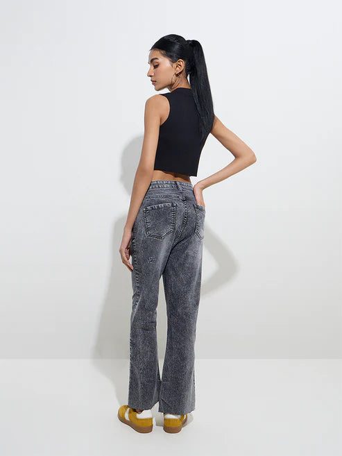 Elegant Grey Washed Straight Fit High Rise Jeans with Relaxed Straight Leg Silhouette