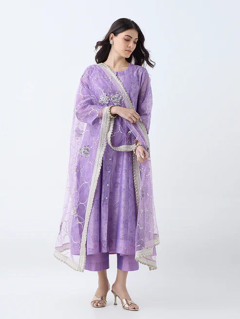 Festive Women’s Purple Cotton Anarkali with Intricate Floral Motifs and Coordinated Bottoms