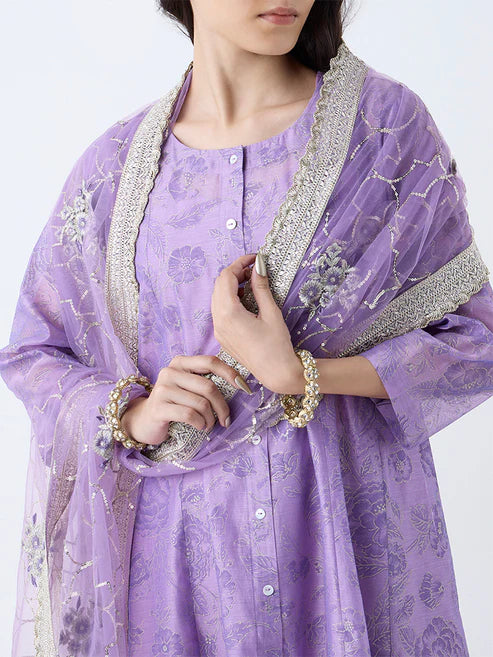 Festive Women’s Purple Cotton Anarkali with Intricate Floral Motifs and Coordinated Bottoms