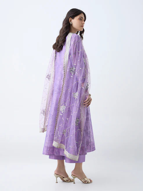 Festive Women’s Purple Cotton Anarkali with Intricate Floral Motifs and Coordinated Bottoms