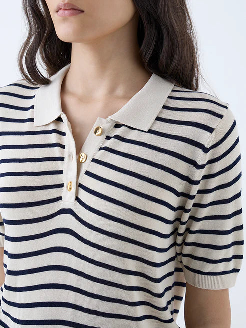 Versatile Men’s Knitted Polo T-Shirt in Beige with Stripe Pattern, Ideal for Work and Leisure