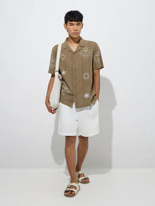 Olive Green Embroidered Relaxed Fit Cotton Shirt Perfect for Semi Formal and Casual Outfits