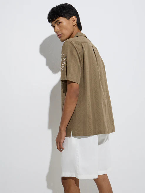 Olive Green Embroidered Relaxed Fit Cotton Shirt Perfect for Semi Formal and Casual Outfits