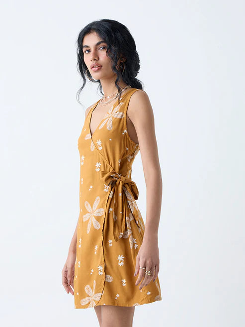 Fashionable Women Wrap Style Dress Featuring Mustard Floral Print Perfect for Modern Casual and Party Wear